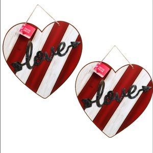 VALENTINE'S Heart Shape LOVE Metal Diecast Striped Red Wooden Hanging Wall Decor